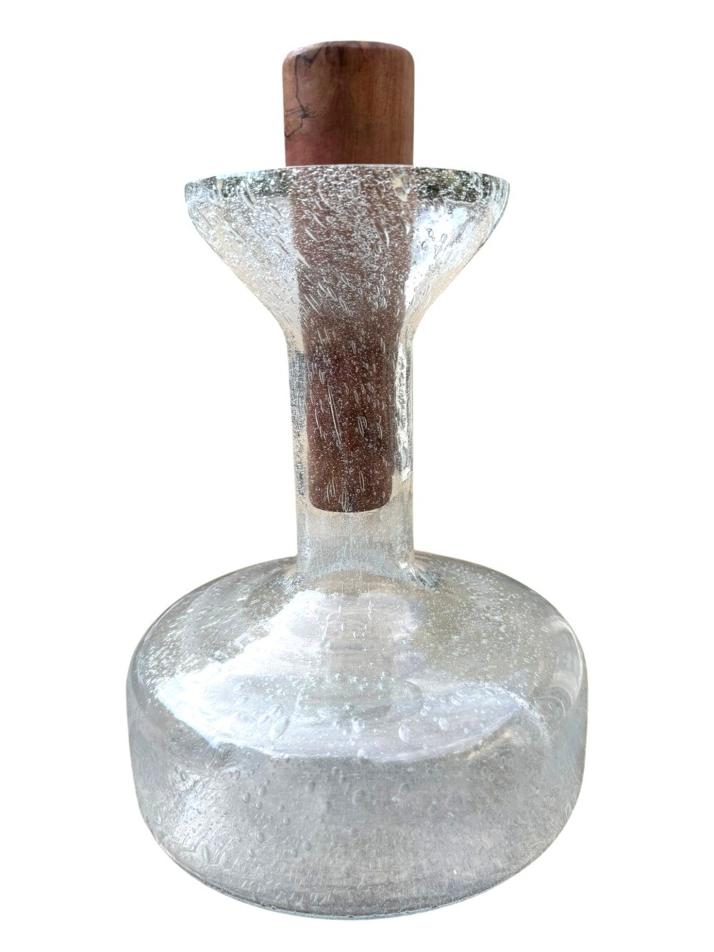 Seeded Bubble Glass Decanter Wood Stopper 12" Heavy Art Glass Display Barware